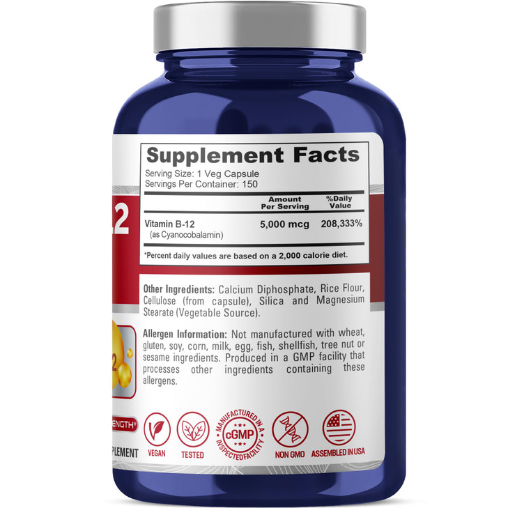 NusaPure Vitamin B12-5000 MCG 150 Veggie Capsules (Non-GMO, Vegan)