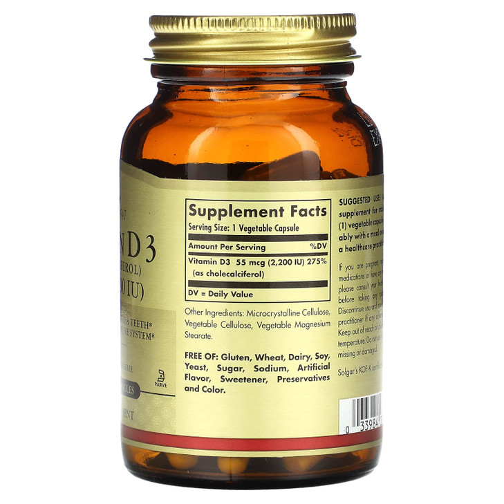 Solgar - Vitamin D3 (Cholecalciferol) 2,200 IU, 100 Vegetable Capsules (FFP)