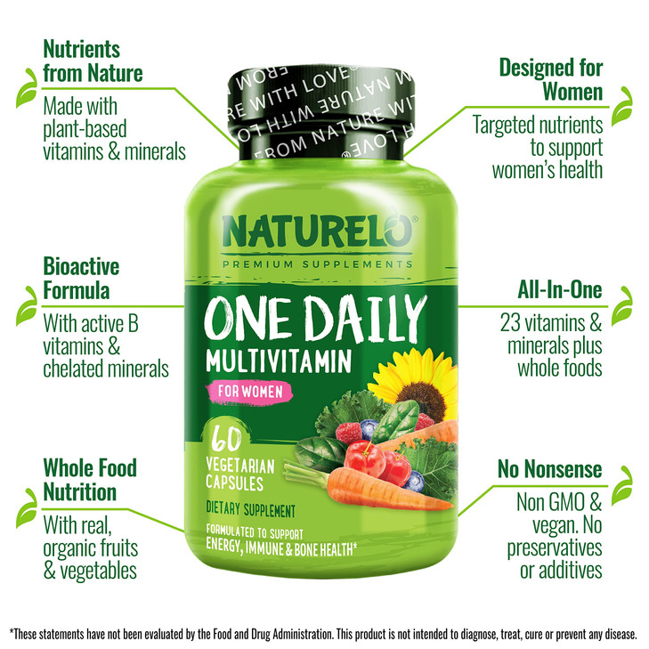 NATURELO One Daily Multivitamin for Women w/Vitamin B12, 60 Ct, Energy Support