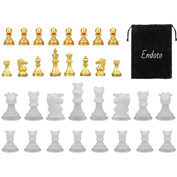 Endoto Resin Chess Pieces Mold Set 16 Pieces Full Size 3D Silicone Chess Molds Kit for Epoxy Resin Casting Family Party