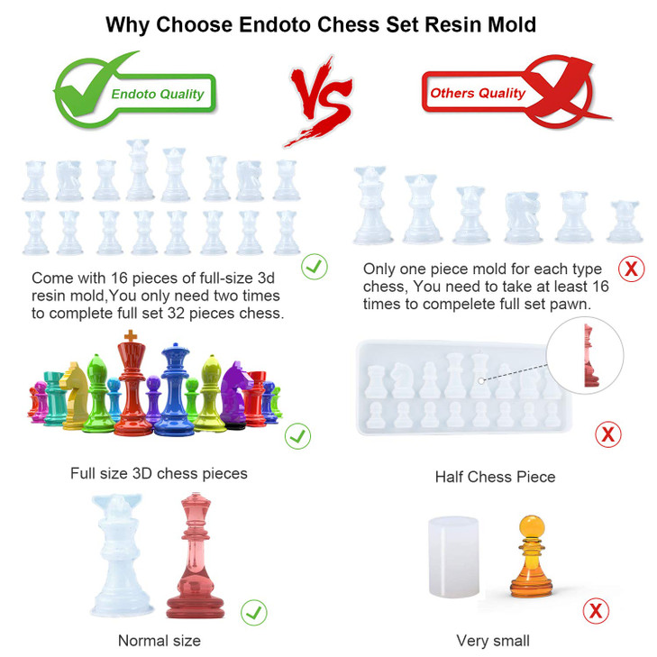 Endoto Resin Chess Pieces Mold Set 16 Pieces Full Size 3D Silicone Chess Molds Kit for Epoxy Resin Casting Family Party