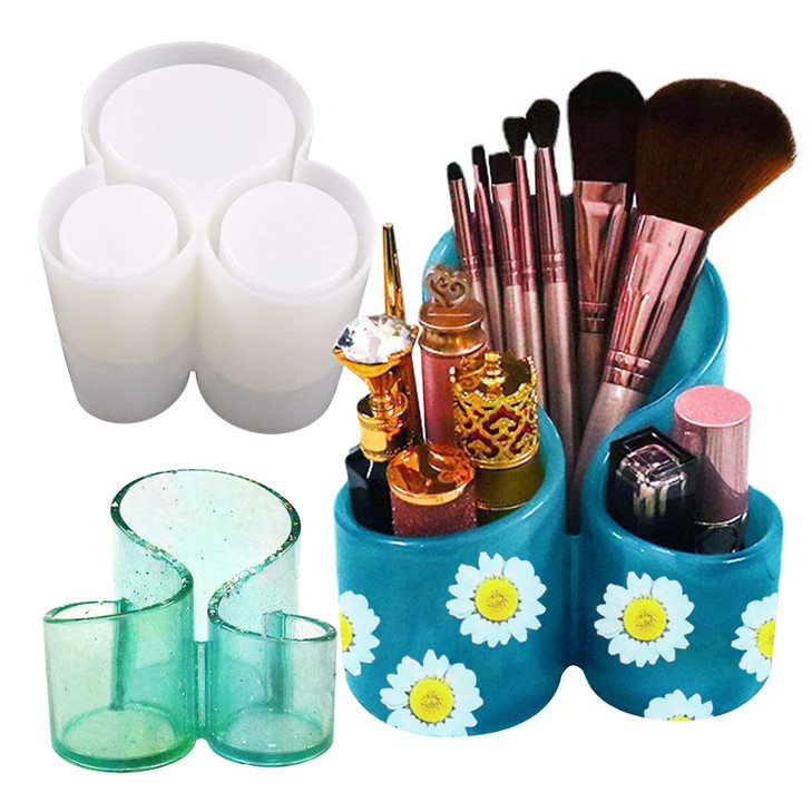 Resin Molds Silicone Storage Box Mold Unique Makeup Organizer Trinket Container Epoxy Mold with 3 Slots Pen Brush Holder
