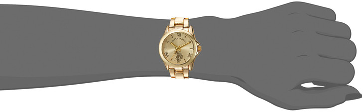 US Polo Assn Womens Analog Watch GoldTone Champagne Dial with Roman Numerals Stainless Steel Bracelet and Box Packaging
