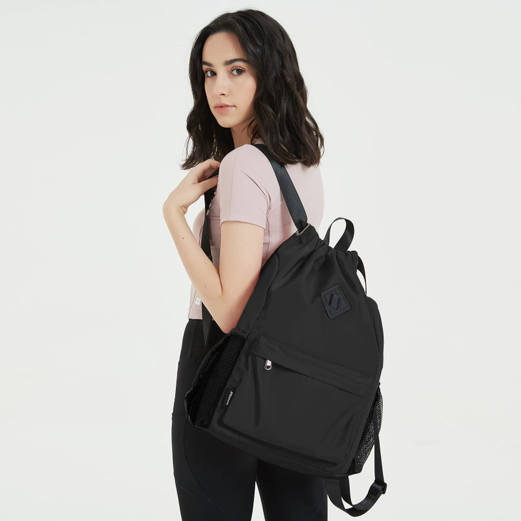 WANDF Drawstring Backpack Sports Gym Bag with Shoes Compartment WaterResistant String Backpack Cinch for Women Men Large