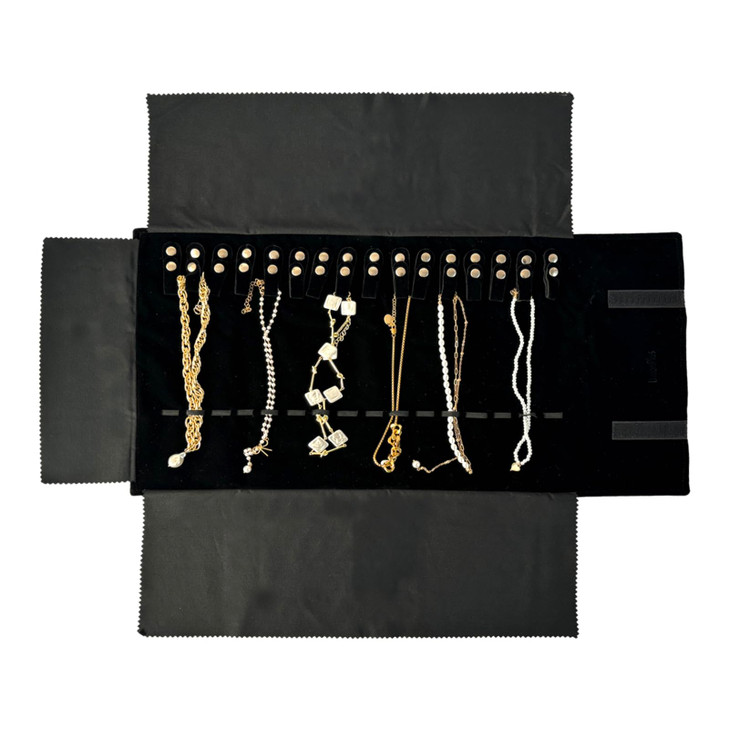 UnionPlus Velvet Travel Jewelry Roll Bag Organizer for Necklace Elastic Band and Antiwinding Black