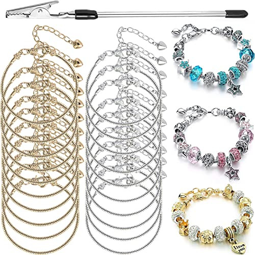 20 Pieces Snake Chain Charm Bracelet with Bracelet Helper Adjustable Snake Charm Bracelet Chains with Heart Lobster Clas
