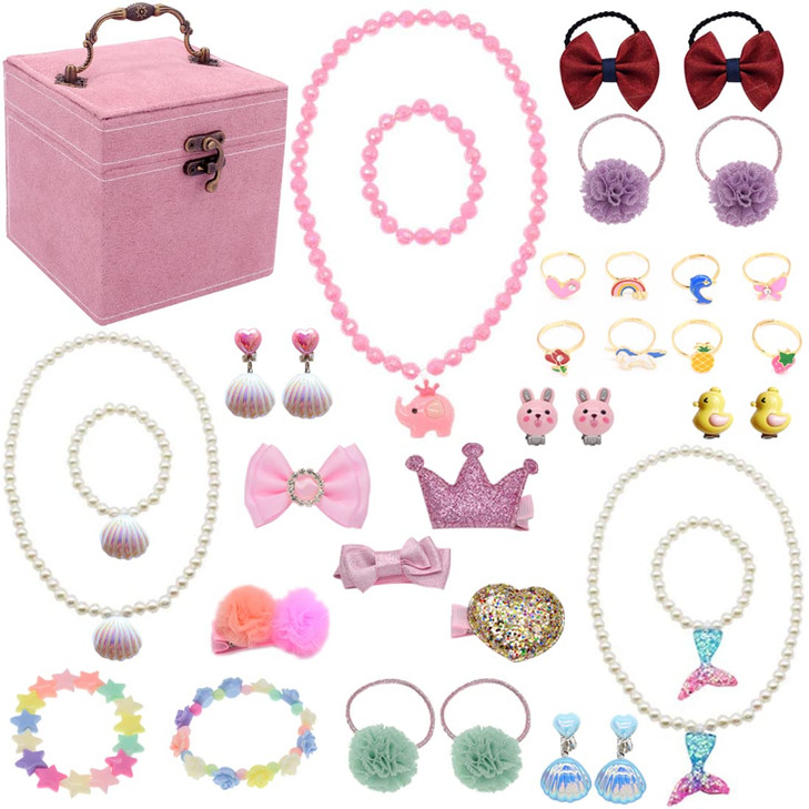 ShaqMars Little Girl Kids 3 Layer Lint Jewelry Box with Mirror and 35 Pieces Girl Princess Jewelry Dress Up Accessories