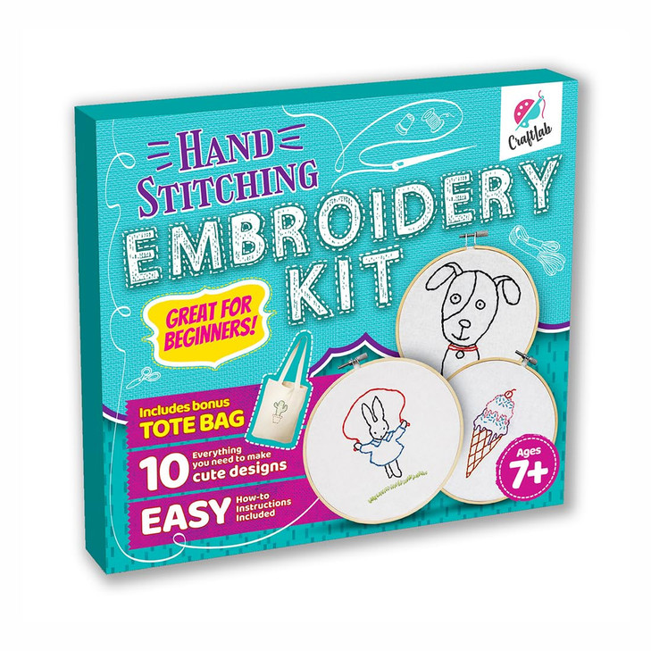 CraftLab Embroidery Sewing Kit for Beginners Kids Craft Kit Gift for Girls Boys Ages 812 10 Projects Embroidery Hoops Fa