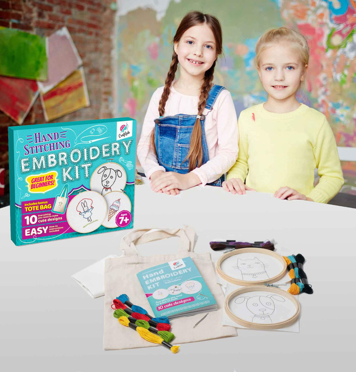 CraftLab Embroidery Sewing Kit for Beginners Kids Craft Kit Gift for Girls Boys Ages 812 10 Projects Embroidery Hoops Fa