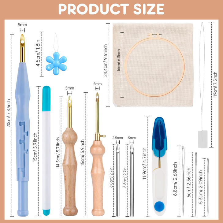 MSDADA 21Piece Punch Needle Set Adjustable Tool Wooden Handle Embroidery Pens Hoops Cloth Perfect for Adult Beginners Gi