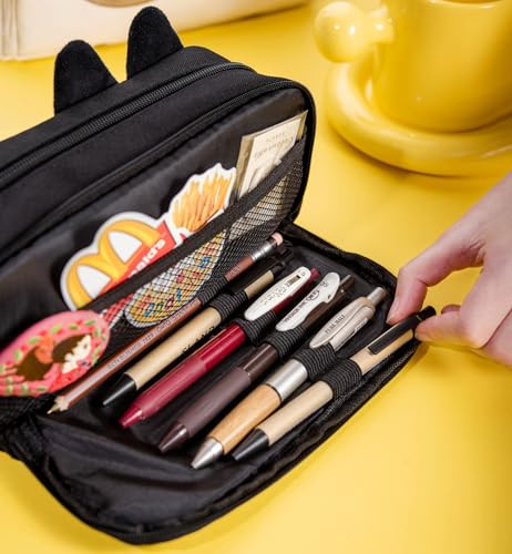 Lanxivi Hongdian Large Capacity Pencil Case Black Color 3D Cat Pen Bags Pencil Pouch Organizer for Office College School