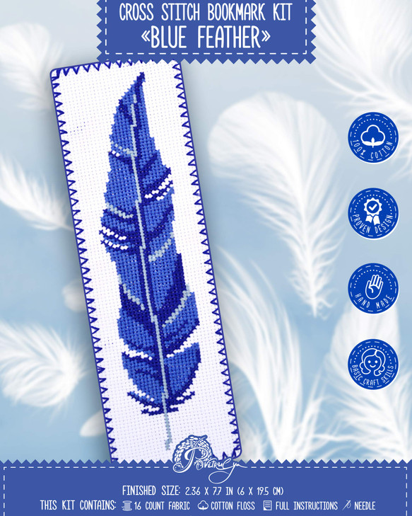 Povitrulya Blue Feather Cross Stitch Bookmark Kit DIY Embroidery Gift for Booklovers