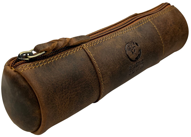 Rustic Town Leather Pencil Case Full Grain Leather Zippered Pen Pouch Stationery Bag Pen Holder for Work Office Brown M