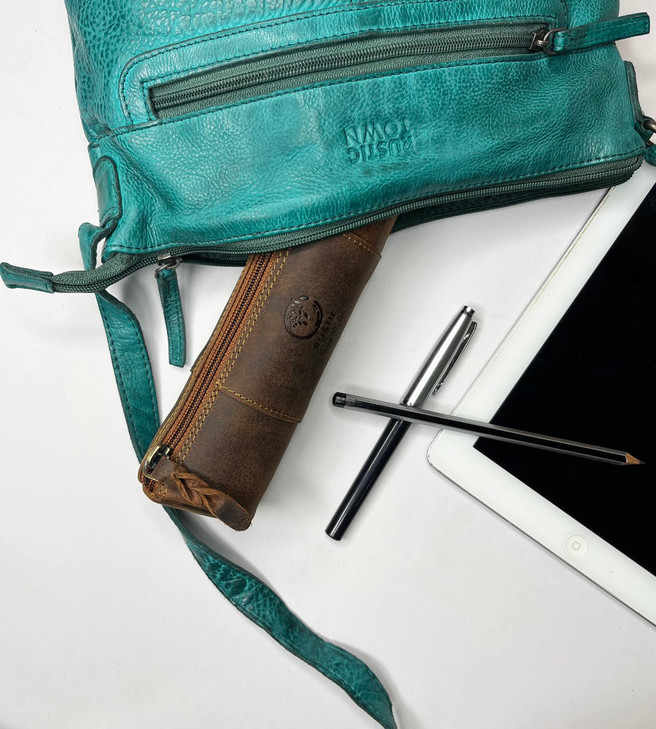Rustic Town Leather Pencil Case Full Grain Leather Zippered Pen Pouch Stationery Bag Pen Holder for Work Office Brown M