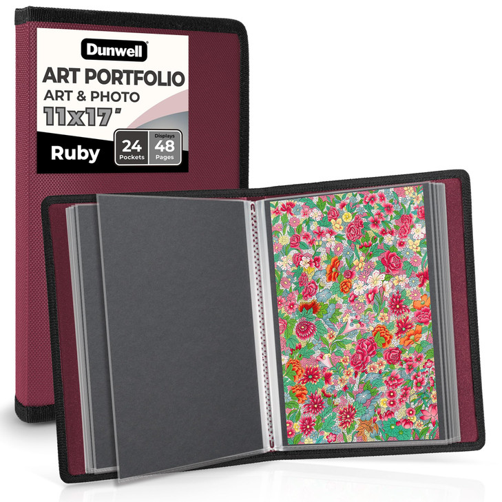Dunwell 11x17 Art Portfolio Binder with Black Mounting Paper Ruby Large Portfolio Folder for Artwork Storage 24 Clear Pl