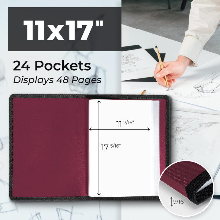 Dunwell 11x17 Art Portfolio Binder with Black Mounting Paper Ruby Large Portfolio Folder for Artwork Storage 24 Clear Pl