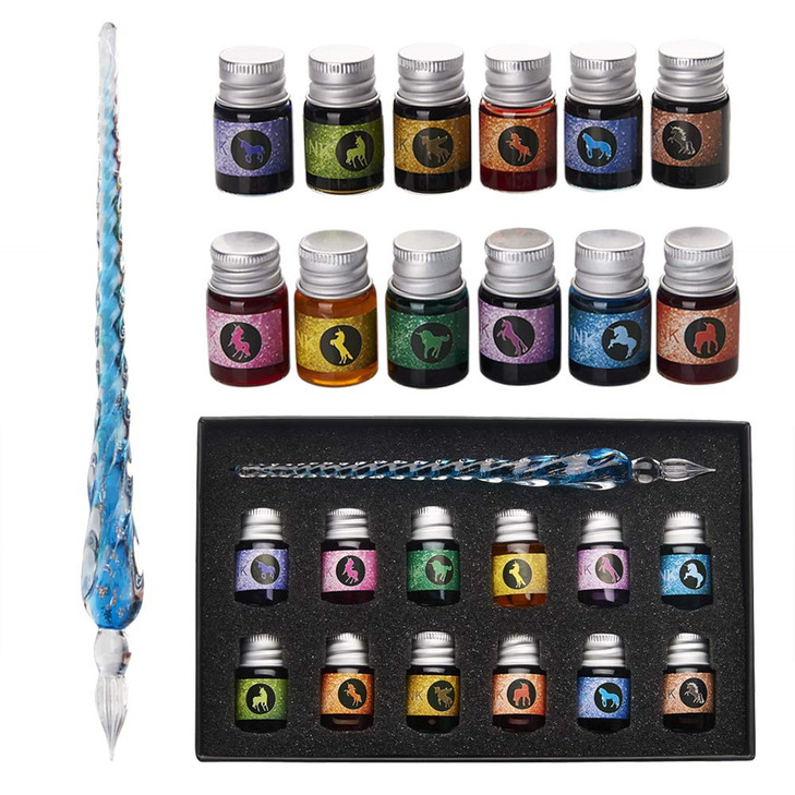 mancola Glass Dipped Pen Ink Set Handmade Crystal Calligraphy Pen with 12 Colorful india ink for Art Signatures Drawing