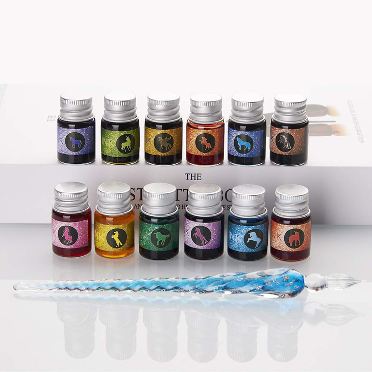 mancola Glass Dipped Pen Ink Set Handmade Crystal Calligraphy Pen with 12 Colorful india ink for Art Signatures Drawing