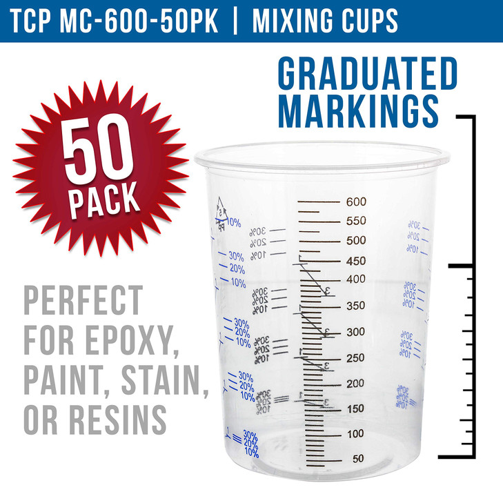TCP Global 20 Ounce 600ml Disposable Flexible Clear Graduated Plastic Mixing Cups Box of 50 Cups Use for Paint Resin Epo