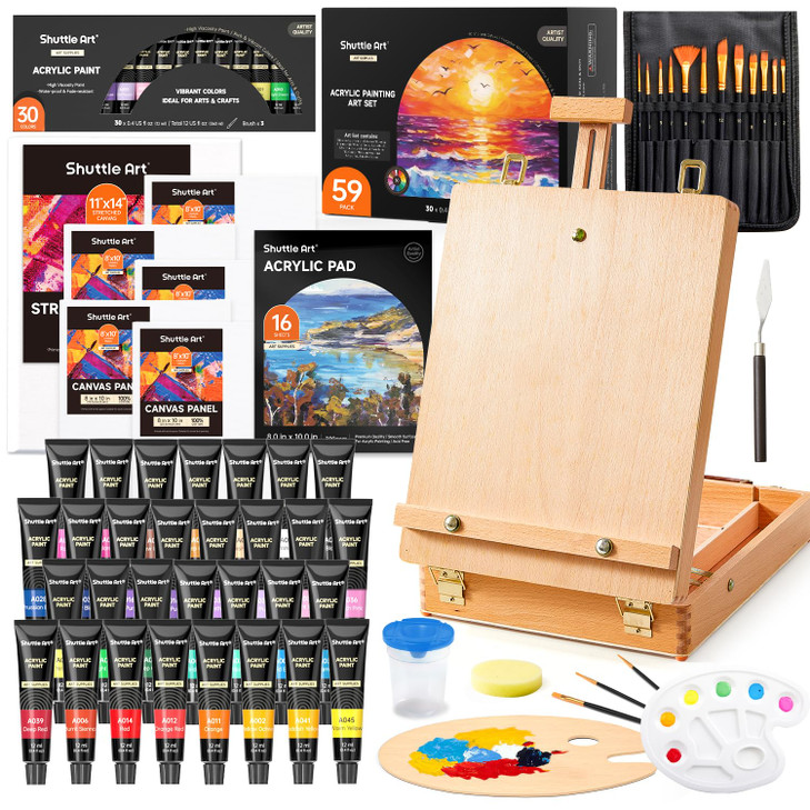Shuttle Art Acrylic Painting Set 59 Pack Professional Painting Supplies with Wood Tabletop Easel 30 Colors Acrylic Paint