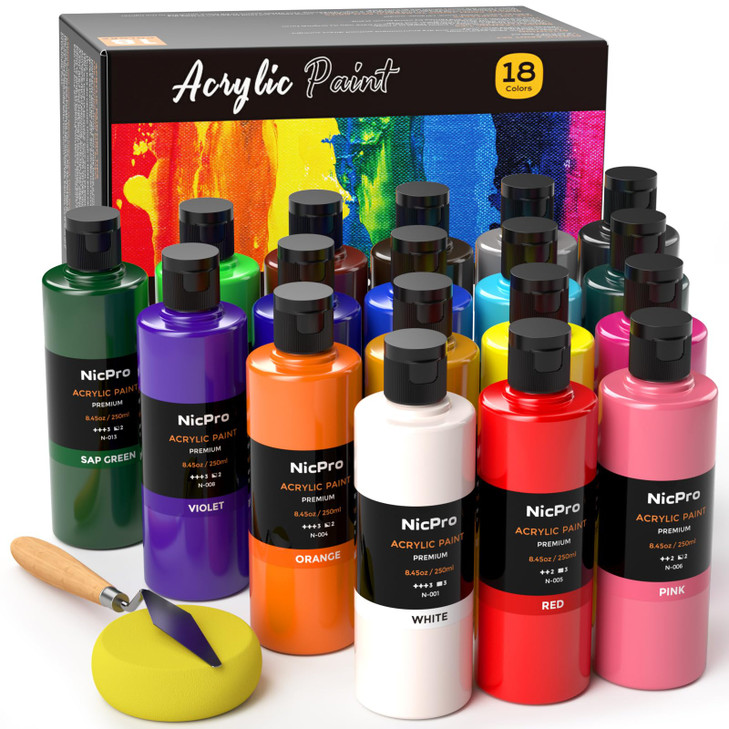 Nicpro 18 Colors Large Acrylic Paint Set 845oz250 ml Artist Painting Supplies Bulk NonToxic For Multi Surface Canvas Woo