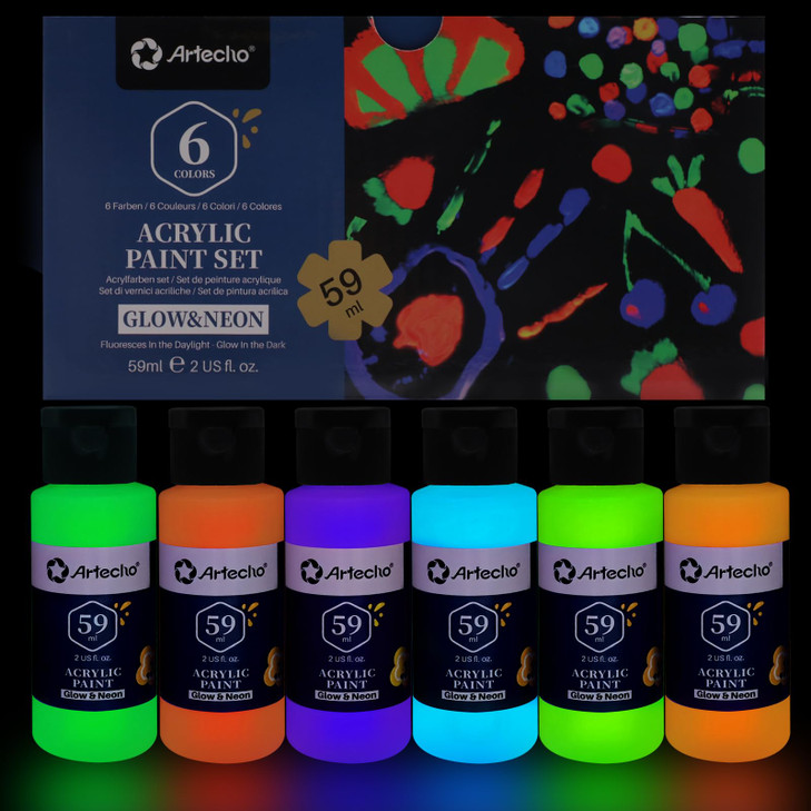 Artecho Glow in the Dark Paint 6 Colors 60 ml 2 oz Acrylic Paint for Decoration Art Painting Outdoor and Indoor Art Craf