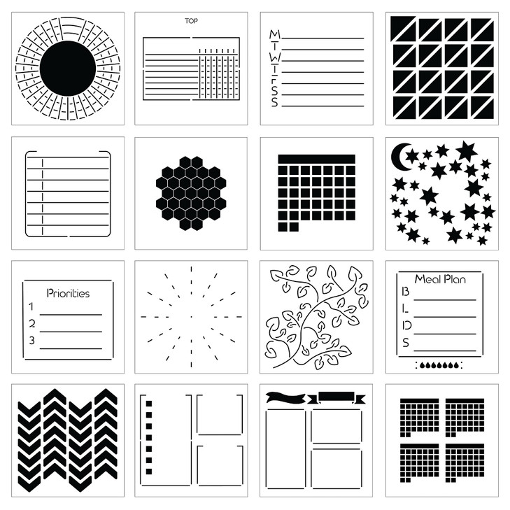 Portable Planner Stencils x16 Small Square Journal Stencils with Templates for Habit Trackers Calendars Checklists Meal