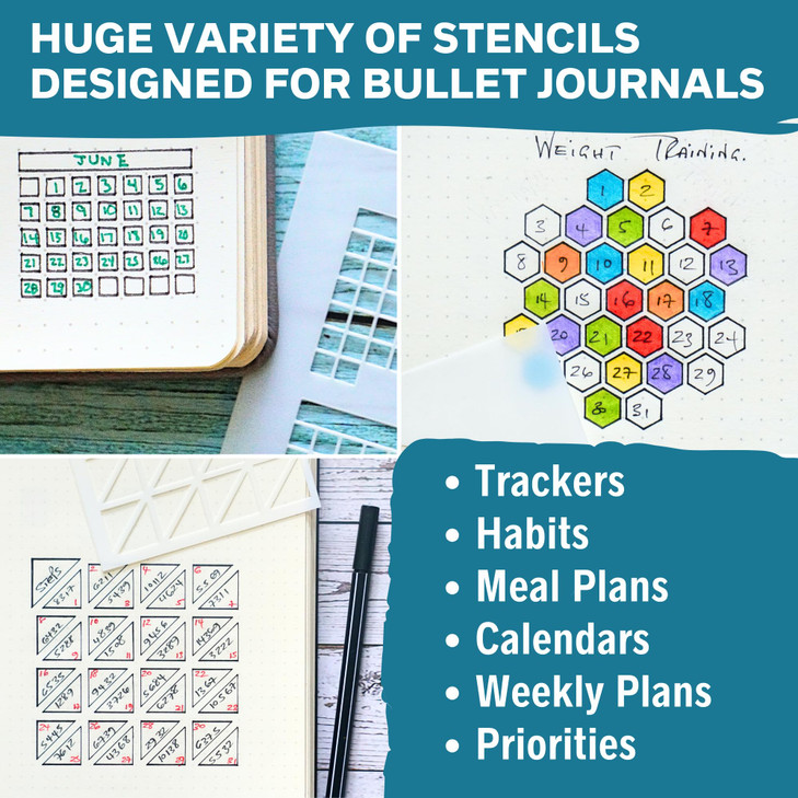 Portable Planner Stencils x16 Small Square Journal Stencils with Templates for Habit Trackers Calendars Checklists Meal