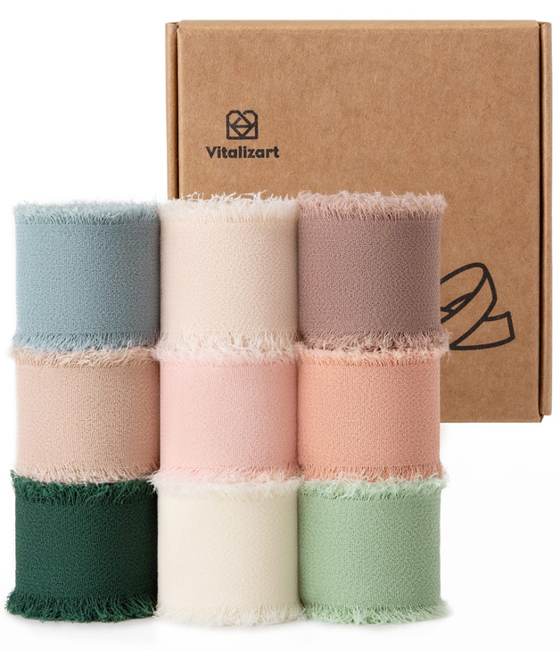 Vitalizart 1 x 27 Yd Chiffon Silk Ribbon Mixed Color Ribbons Set 3 Yd x 9 Rolls Fringe Fabric for Wedding Invitations Br