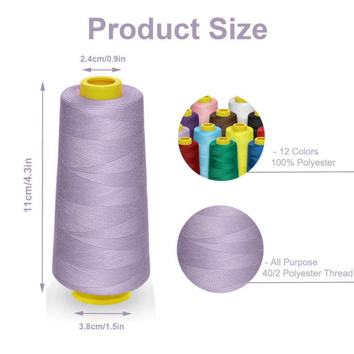 ilauke 12 x 1800 Yards Serger Thread Cones All Purpose Polyester Thread Assorted Colors Overlock Sewing Thread Spools fo