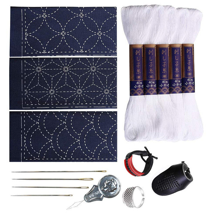 Sashiko kit Yokota Sashiko Thread Needles and Template Yume Fukin with Original English Manual Thimble Sewing Set Fabric