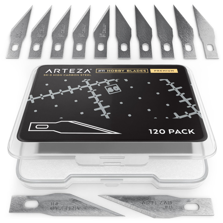 Arteza Hobby Knife Blades Set of 120 No 11 FinePoint CarbonSteel Art Blades Craft Supplies for Precision Cutting of Wood
