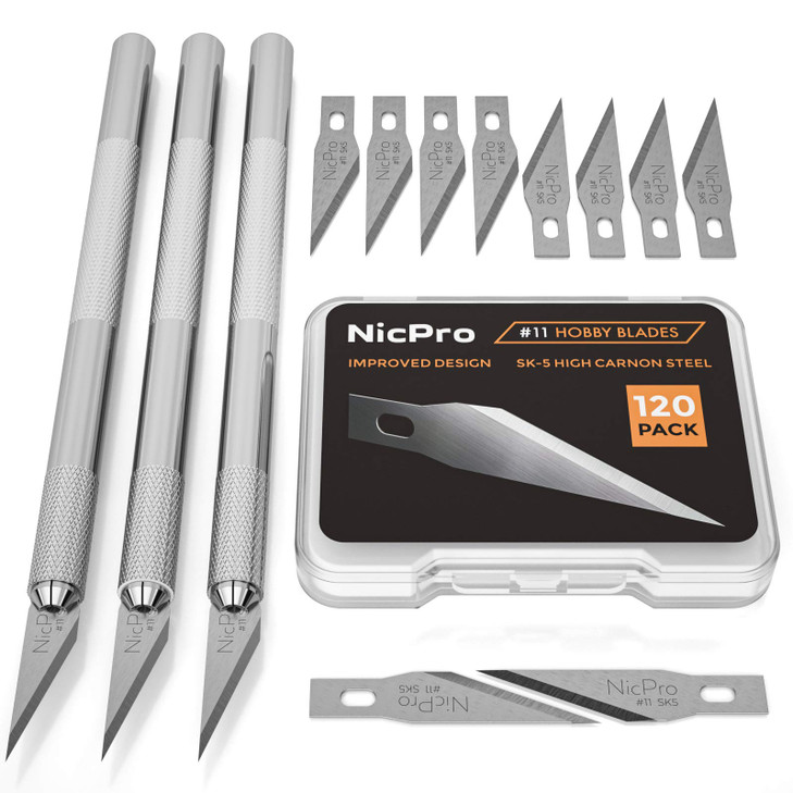 Nicpro 123 PCS Hobby Knife Set 3 PCS Carving Craft Knife with 120 PCS SK5 Utility 11 Art Blades Refill Precision Cutter