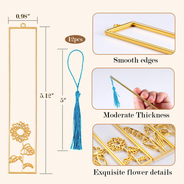 LETS RESIN 12pcs Bookmark Bezels for Resin with Tassels UV Resin Molds for DIY Bookmarks Metal Bookmark Bezels Bulk for