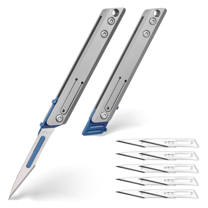 Titanium Handle Quick Opening Scalpel with 10 Pieces 11 Scalpel Blades Blue