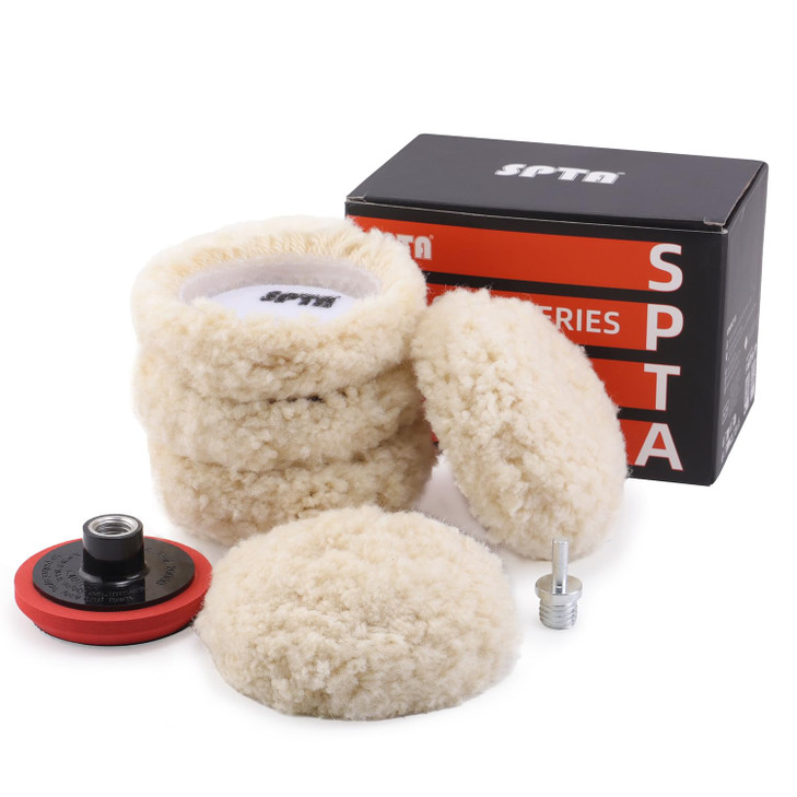 SPTA Wool Polishing Pad 5Pcs 375mm 100 Natural Wool Buffing Pad with 1Pc HookLoop Backing Pad 1Pc Extension Shank for Dr