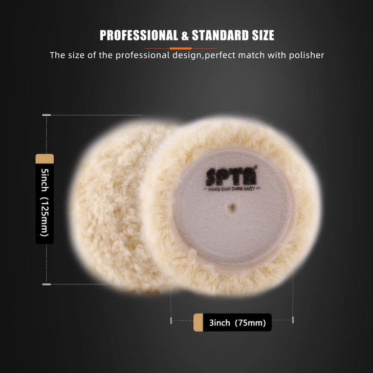 SPTA Wool Polishing Pad 5Pcs 375mm 100 Natural Wool Buffing Pad with 1Pc HookLoop Backing Pad 1Pc Extension Shank for Dr