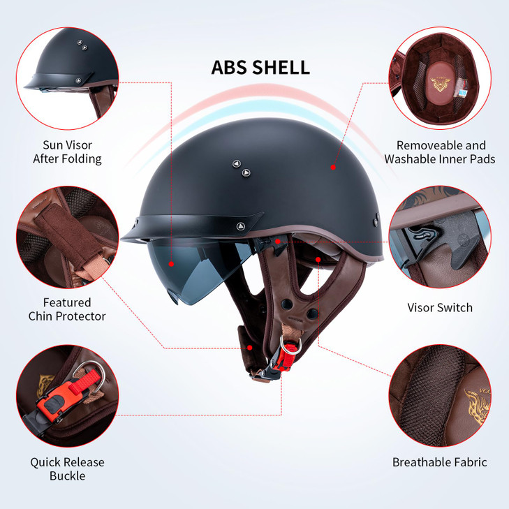 JQF Gear Retro Motorcycle Helmets for Men Women Open Face Helmets Sun Visor Quick Release Buckle MM107 DOT Approved Half