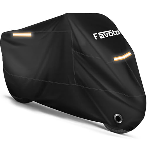Favoto Motorcycle Cover Waterproof Outdoor All Season Weather Sun Rain Protection Night Reflective with LockHoles Storag
