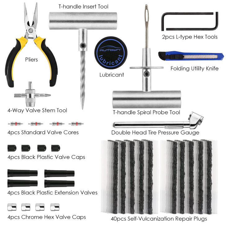 AUTOWN Tire Repair Kit 68pcs Heavy Duty Tire Plug Kit Universal Tire Repair Tools to Fix Punctures and Plug Flats Patch