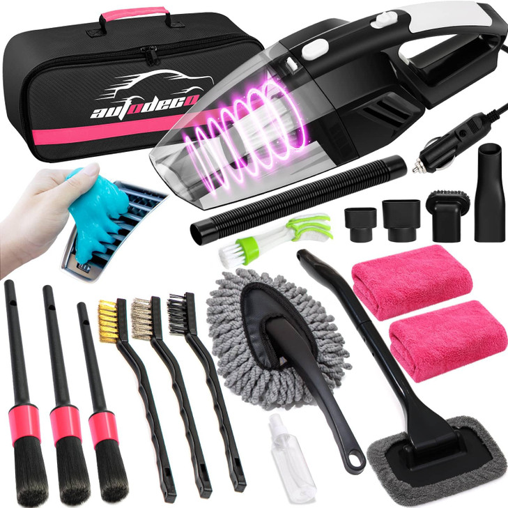 AUTODECO 20Pcs Car Cleaning Wash Kit Interior Detailing Cleaner Kit with High Power Handheld Vacuum Brush Set Windshield