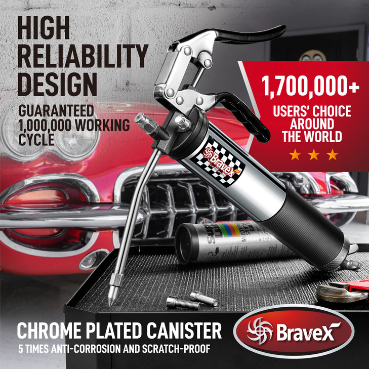 Bravex Heavy Duty Professional Pistol Grip Grease Gun 6000 PSI 18 inch Flex Hose