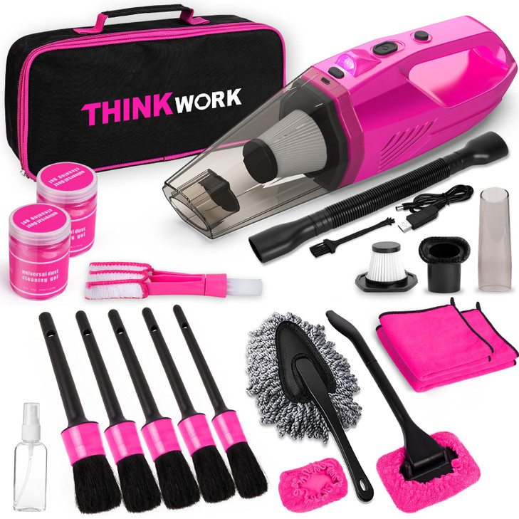 THINKWORK Car Detailing Kit Interior Cleaner Car Cleaning Kit with 8000PA Cordless Pink Handheld Vacuum Cleaner Car Inte