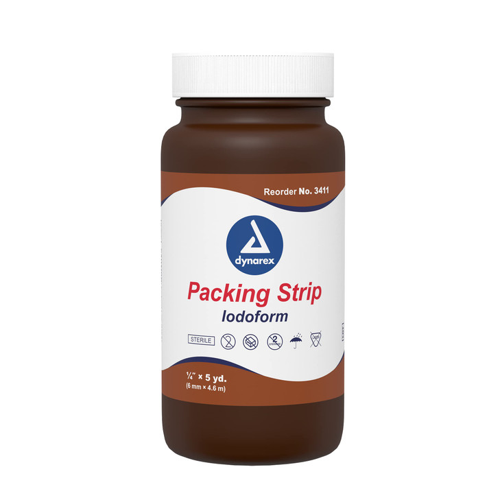 Dynarex 3411 Plain Packing Strip, Sterile Wound Care, 100% Cotton Woven Packing Strip, with Iodoform, Soft & Absorbent, 1/4" x 5 Yard.