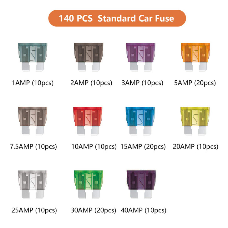 140 Pieces Fuses Automotive Standard Blade Car Fuse Kit Auto Fuse Assorted for Marine RV Camper Boat Truck 1A 2A 3A 5A 7