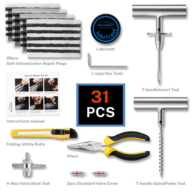 AUTOWN Flat Tire Repair Kit with Plugs 31 Pcs for Car Motorcycle ATV Jeep Truck Tractor Flat Tire Puncture Repair