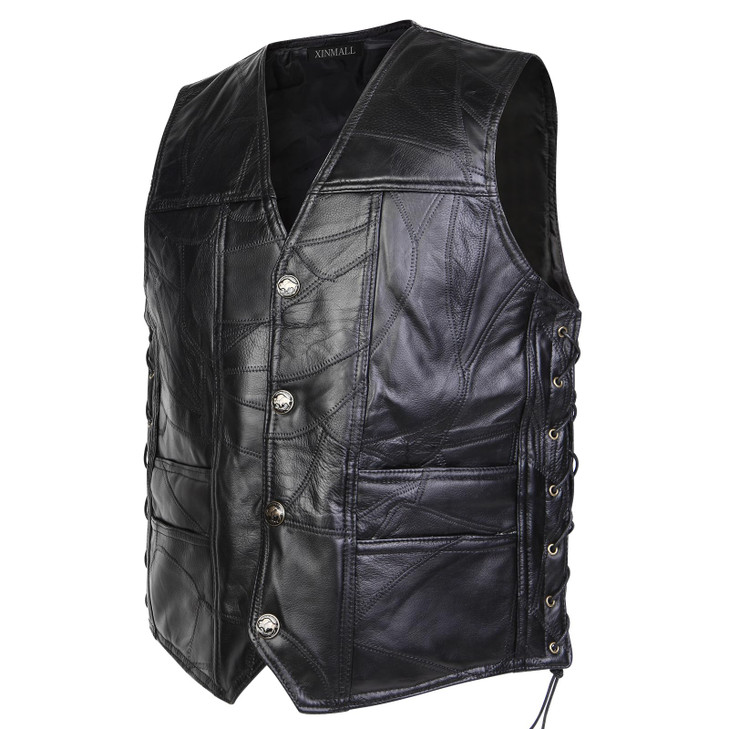 XINMALL Motorcycle Genuine Leather Biker Vest for Men Club Style Classic Black as1 alpha jaspol Large