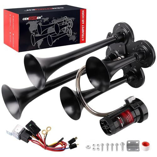 Cenzhiwen Train Horn Kit 4 Trumpet Metal Air Horns replacement Dill horn 12V 150dB Ultra Loud with Compressor is suitabl