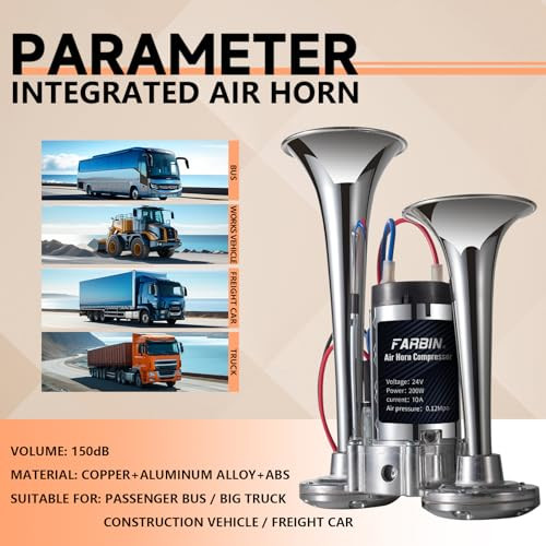 FARBIN Air Horn 24v Train Horn Truck Horn with Compressor 24v Airhorns Horns Loud Dual Trumpet Chrome Plating for Any 24