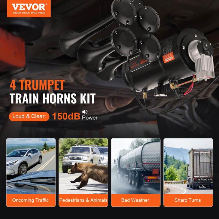 VEVOR 4 Trumpet Air Horn Kit 150dB Train Horns for Pickup Trucks 12V 120 psi Air Compressor 08 Gal3 L Tank with Gauge fo